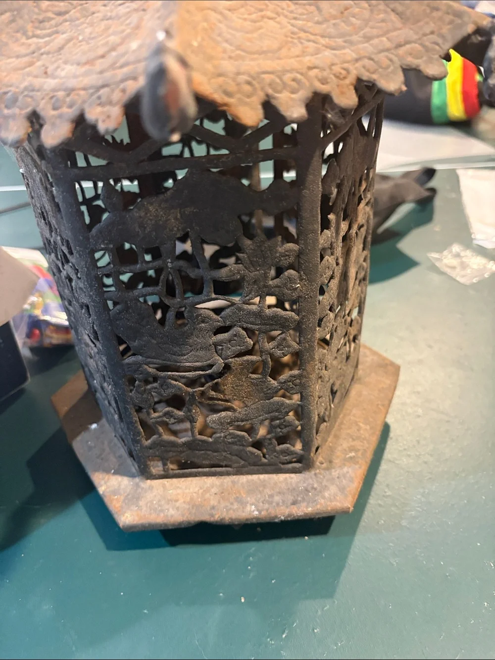 Decorative Black Metal Lantern with Intricate Cutwork